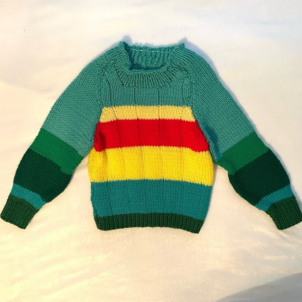 Handmade Knit Baby Boys Sweater 18-24M Striped Teal Green Red Yellow OOAK